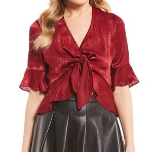 Burgundy ruffle tie front shirt sleeve top